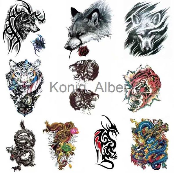 Tatouages temporaires 10 Styles Cool Hommes Tatouages Temporaires Faux Autocollants Loup Tigre Dragon Body Art Noir Transfert Étanche Bras Tatouage Autocollant Homme x0724