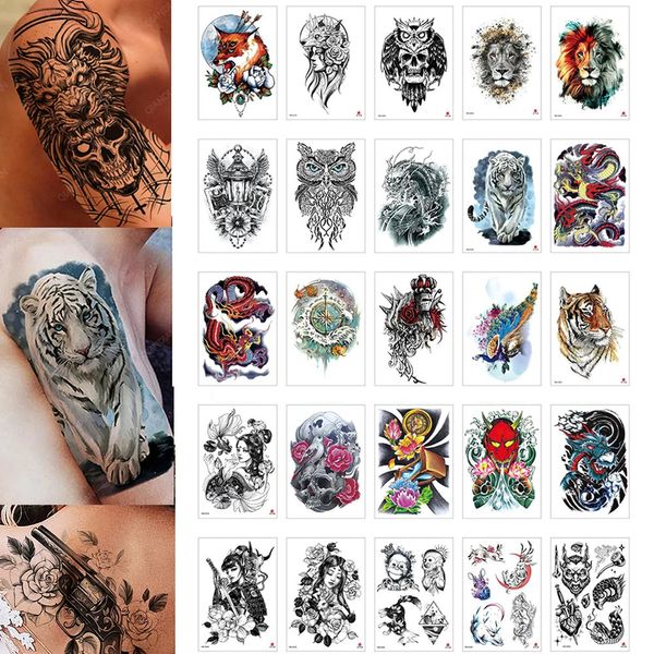 Tatouages temporaires 100 pièces en gros imperméable temporaire tatouage autocollant tigre crâne Dragon serpent fleur corps bras Mandala Cool manches homme femmes 231207