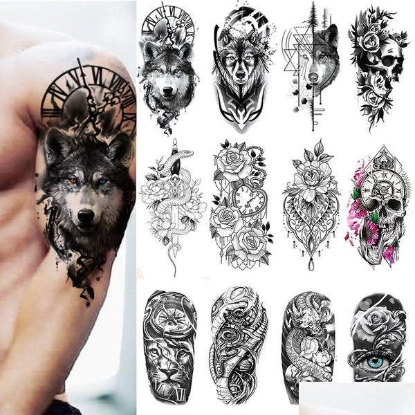 Tatuajes temporales 100 piezas Ventas al por mayor Etiqueta engomada del tatuaje impermeable Lobo Tigre Skl Serpiente Flor Cuerpo Brazo Henna Mangas falsas Hombre Mujer D Dhrum