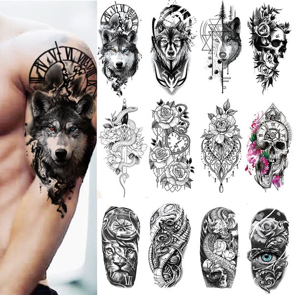 Tatouages temporaires 100 Pièce En Gros Étanche Autocollant De Tatouage Loup Tigre Crâne Serpent Fleur Corps Bras Henné Faux Manches Homme Femmes 230621