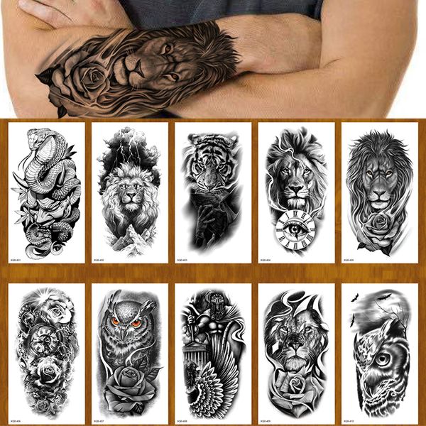 Tatouages temporaires 100 pcs En Gros Autocollant De Tatouage Lion Tigre Loup Serpent Fleur Noir Corps Bras Faux Manches Étanche Homme Femmes 230621