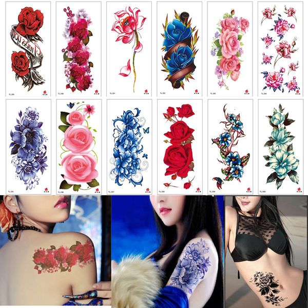 Tatuajes temporales 100pcs Mayores Mayos Tatuajes Tatuajes temporales Mujeres Girl Beauty Body Art Black Rose Flower Glitter Impermeable Pegatina 230811