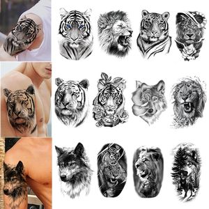 Tijdelijke Tattoos 100 Stuks Groothandel Waterdichte Tattoo Sticker Tijger Leeuw Wolf Bos Man Grote Sexy Bloem Vrouwen Body Arm Art nep 230621