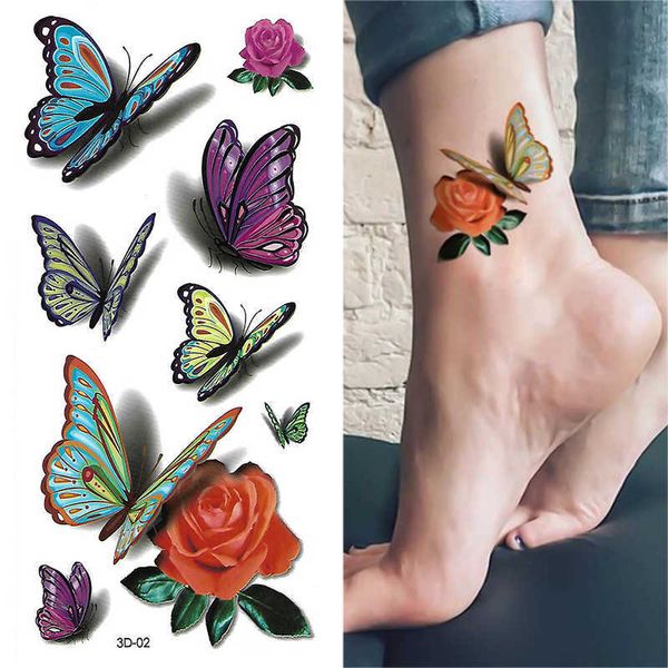 Tatuajes temporales 1 Uds. Tatuajes de mariposas 3D pegatinas flor rosa niñas mujeres arte corporal transferencia de agua tatuaje temporal pegatina brazo muñeca tatuaje falso Z0403