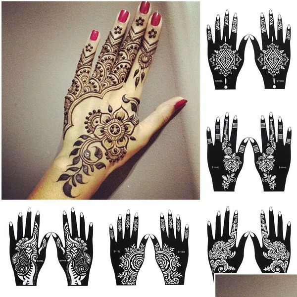 Tatouages temporaires 2pcs / set professionnel pochoir au henné tatouage temporaire à la main corps art autocollant modèle outil de mariage Inde fleur T20073 Dhgsk