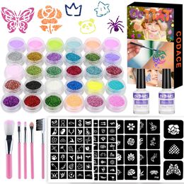 Tijdelijke tatoeages 30 kleuren diamant glitter kunst charme lichtgevende tattoo set poeder sticker make -up borstel voor vrouwen kinderen 2308017