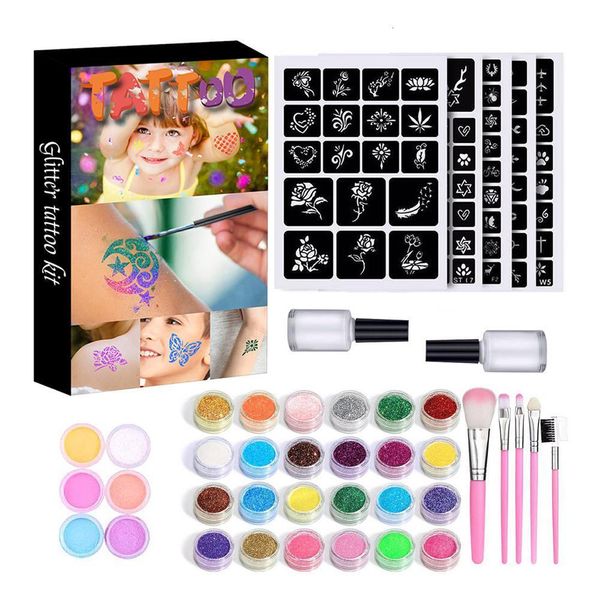 Tatouages temporaires 30 Couleurs Diamant Glitter Tattoo Set Poudre Maquillage Pinceau Colle Partie Visage Corps Art Kits Pour Enfants 230616