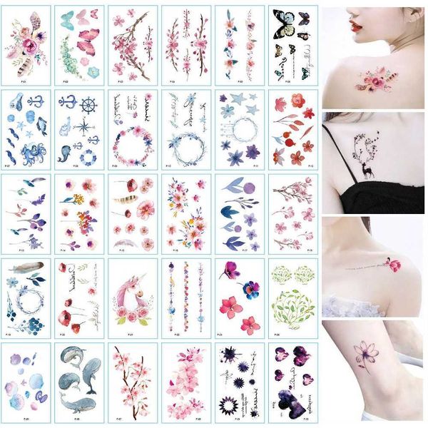 Tatuajes Temporales 30 unids / set Estilo Fresco Flores Pequeñas Impermeable Etiqueta Engomada Del Tatuaje Temporal para Adultos s Mujeres Arte Corporal Transferencia de Agua Fake Tatoo Z0403