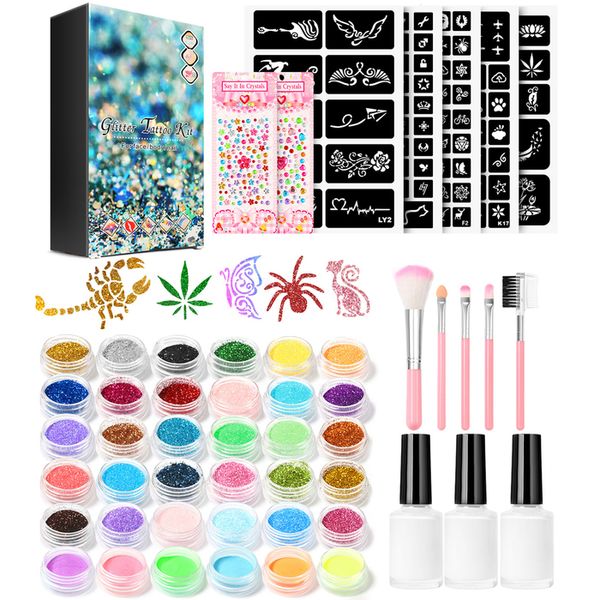 Tatuajes Temporales 36 Colores Glitter Tattoo Kit Con Stencil Glue Brush Maquillaje Diseño de Arte Corporal Para Personas Niños Pintura en Polvo 230621