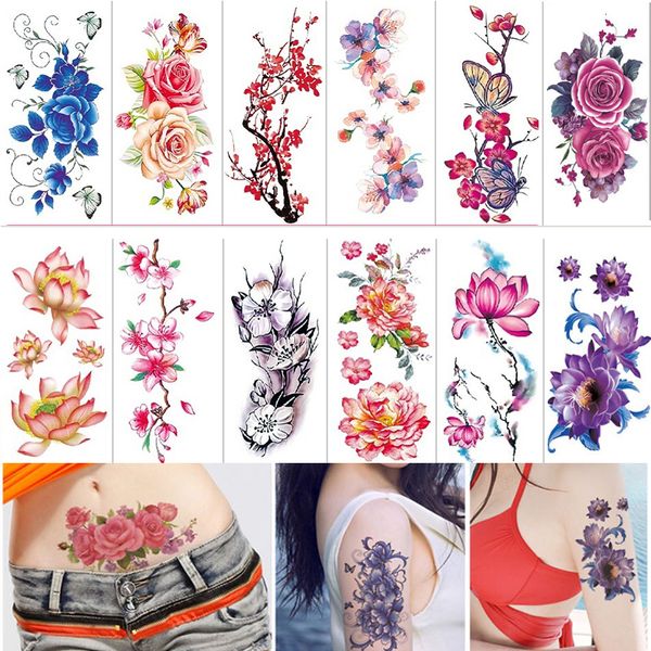 Tatouages temporaires 36 Feuilles 3D Étanche Rose Fleurs Rouge Tatouage Fille Corps Art Manches DIY Autocollants Glitter Beauté Exotique 230621