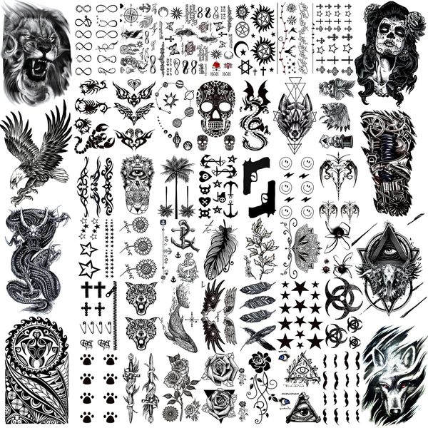 Tatuajes temporales 50 hojas negras para hombres mujeres realistas falsos tatuajes de león animal tótem artal de arte de arte de arte muscular Tatoos 2308017