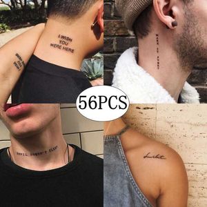 Tijdelijke tatoeages 56Sheet Waterdichte tijdelijke tattoo -sticker Black Devil Slaap Engelse letters Tatoo Fake Tatto Neck Pols For Woman Men Z0403