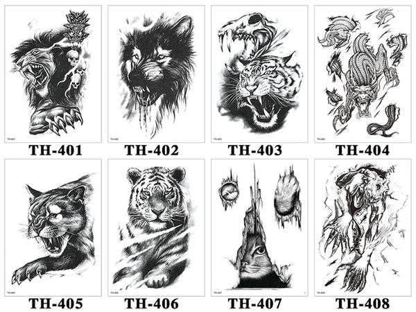 Tatouages temporaires 8pc Ange Animal Totem Autocollant De Tatouage Temporaire Ensemble pour Hommes Femmes Noir Blanc Loup Lion Tigre Fleur Grande Image Art Faux Tatouage 230701