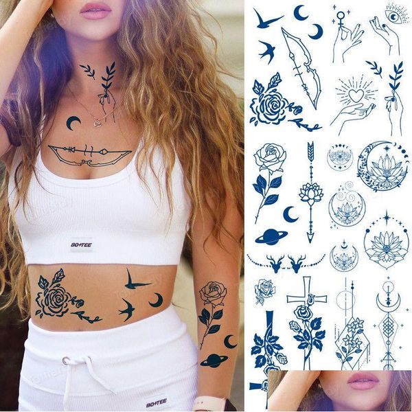 Tatouages temporaires 8pcs / lot autocollants de tatouage de jus de fines herbes semi-permanents durables femmes imperméables sueur plante encre rose fleurs 220930 Dr Dhfxb