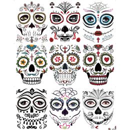 Tijdelijke tatoeages Dao van de dode gezicht tatoeages 10 vel Halloween tijdelijke sticker Kit Dia de los Muertos glitter rode rozen skelet Dh05W