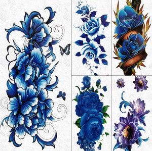 Tijdelijke tatoeages nep grote waterdichte blauwe bloem roze pioenprobleem tijdelijke tatoeages voor vrouwelijke meisjes sticker body art arm tattoo paper 3d flora tatoeages z0403