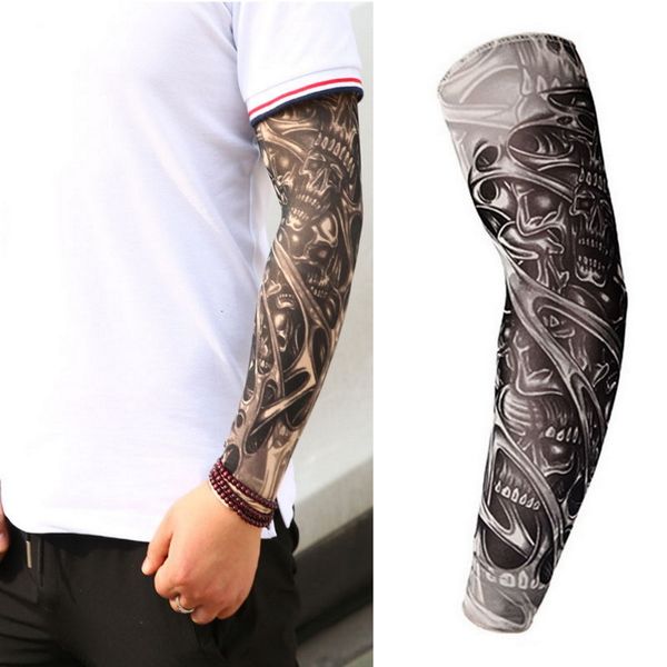 Tatouages ​​temporaires Faux manches de tatouage Full long Slip on Bran Kit de manche de bras Men Elastic Nylon Glove Black Skull Design 230812