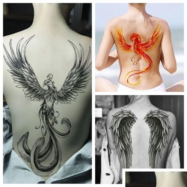 Tatuajes temporales Fl Back para mujer Tatuaje falso Angel Wing Phoenix Bird para niños Hombres en Body Art Esposa Etiqueta impermeable Tatoo 220521 D Dhbzn