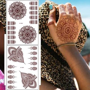 Tatouages temporaires pour femmes fleur Mandala Mehndi autocollant pour main brun rouge henné tatouage faux étanche Hena Tatoo