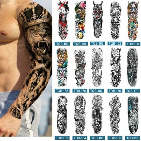 Tatuajes temporales manga de brazo completo para hombres mujeres realistas falsos tatuajes guerreros lion tigre flor pegatina tatón negro tótem yzl9 230812