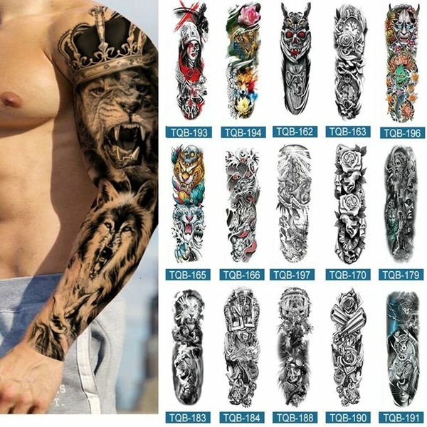 Tatuajes temporales Manga de brazo completo para hombres Mujeres Realistas Tatuajes falsos Guerrero León Tigre Flor Tatoo Etiqueta Tótem negro YZL9 231208