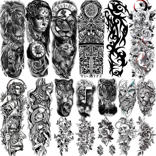 Tatouages temporaires Bras Complet Tatouages Temporaires Manches Pour Hommes Femmes Réaliste Faux Tatouages Guerrier Lion Tigre Fleur Tatoo Autocollant Noir Totem Maori Z0403