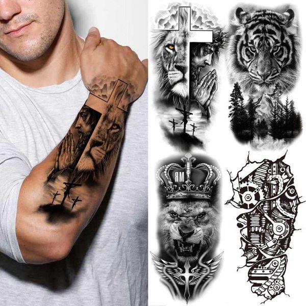 Tatouages temporaires Dieu Croix Lion Tatouages Temporaires Pour Hommes Femmes Boussole Réaliste Lion Faux Tatouages Avant-Bras Jésus Christ Cuisse Autocollant De Tatouage Z0403