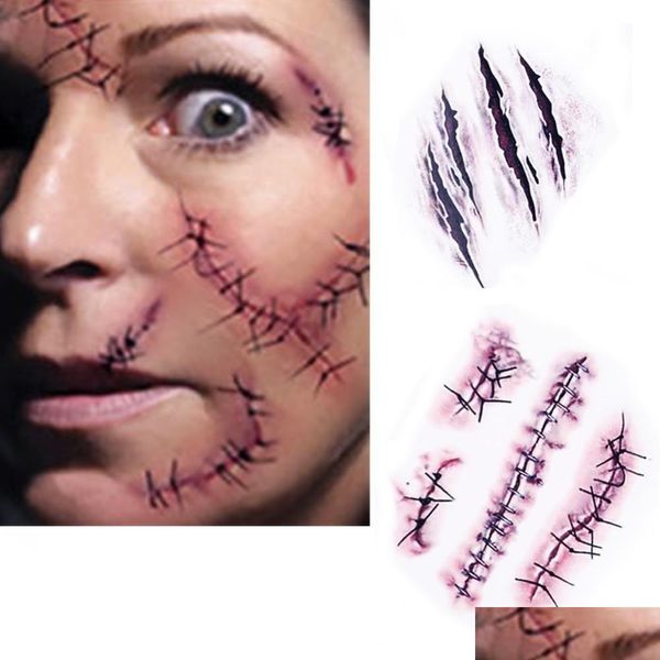Tatuajes temporales Halloween Zombie Cicatrices con costra falsa Sangre Disfraz especial Maquillaje XB1 Entrega de gotas Salud Belleza Arte corporal Dhtmy