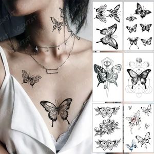 Tatouages ​​temporaires enfants fleur de papillon noir petit autocollant tatouage imperméable frais