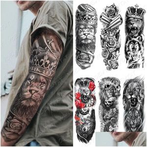 Tatouages temporaires Grand bras manches tatouage Lion Couronne Roi Rose imperméable temporaire Tatoo autocollant loup sauvage tigre hommes Fl Skl Totem Fak Dhfta