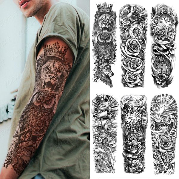 Tatouages temporaires Grand bras manches tatouage Lion Couronne Roi Rose imperméable Tatoo autocollant loup sauvage tigre hommes crâne complet Totem faux tatouage 231208