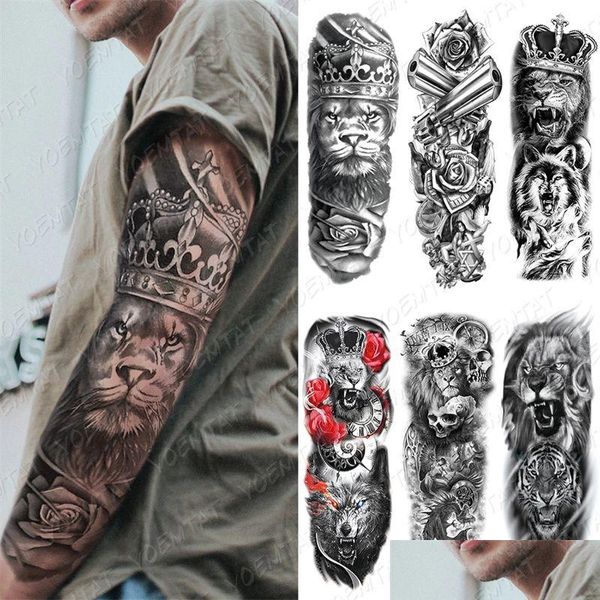 Tatuajes temporales Manga de brazo grande Tatuaje León Corona Rey Rosa Etiqueta de tatuaje impermeable Lobo salvaje Tigre Hombres Fl Skl Tótem Falso Gota D Dhiz5