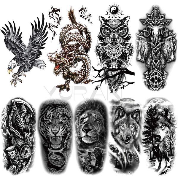 Tatouages temporaires Grand Aigle Tatouages Temporaires Pour Adultes Hommes Réaliste Dragon Hibou Loup Effrayant Tigre Lion Boussole Faux Tatouage Autocollants Bras Tatouages Z0403