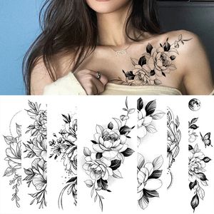 Tatouages ​​temporaires de grande taille motif de fleurs noir faux autocollant de tatouage pour femmes dot rose pivoine bricolage transfert d'eau filles 230812