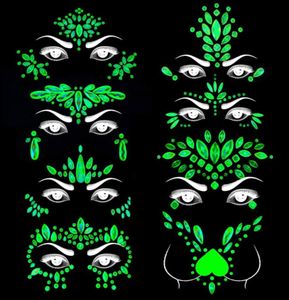 Tatouages temporaires meredmore 8sets noctilucent Face Gems Body Stickers Glow in the Dark Luminal Jewels Fluorescent Tattoo Crysts2600817