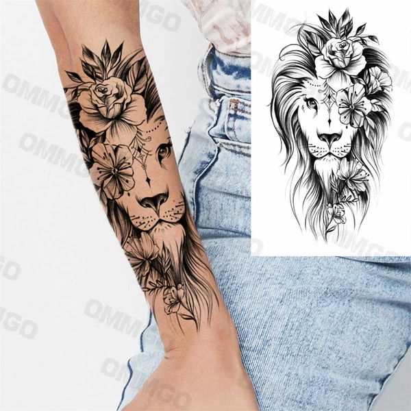 Tatouages temporaires Réaliste Lion Rose Fleur Tatouages Temporaires Pour Femmes Adulte Fille Boussole Crâne Faux Tatouage Bras Cuisse Body Art Tatouages Imperméables Z0403