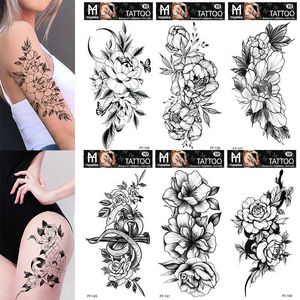 Tijdelijke tatoeages Sexy Black Flower Tijdelijke tatoeages voor dames dij mannen arm mouw roze bloem realistische nep 3d tatoeages onderarm tattoo stickers z0403