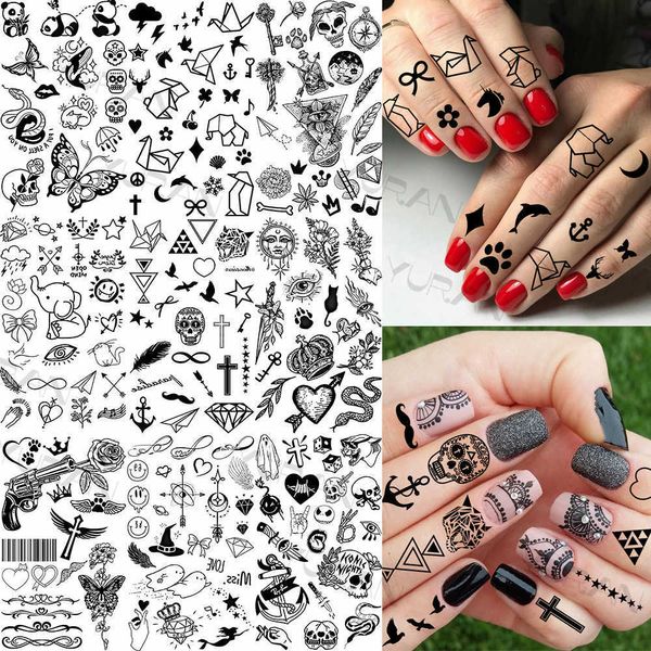 Tatuajes Temporales Pequeño Ancla Cráneo Tatuajes Temporales Para Mujeres Realista Falso Elefante Pistola Flor Etiqueta Engomada Del Tatuaje Dedo 3D Impermeable Tatoo Z0403