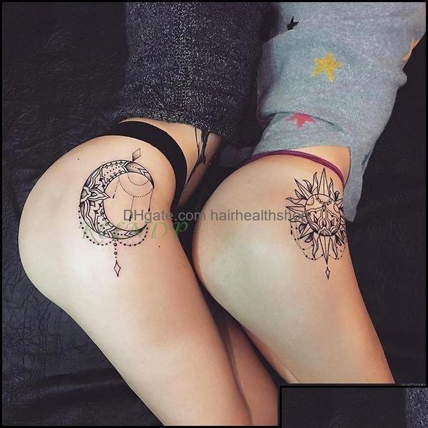 Tatuajes temporales Tatuajes temporales Arte corporal Salud Belleza Etiqueta engomada del tatuaje impermeable Sexy Luna Sol Falso Tatto Flash Tatoo Tatouage Dhg Dhane