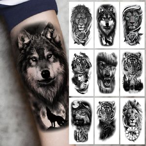 Tijdelijke tatoeages bovenarm mouw Tattoo Crown Lion Tiger Wolf Head Waterdichte stickers Body Art Fake For Women Men 230812