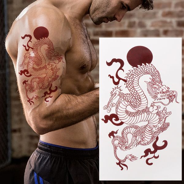 Tatuajes temporales a prueba de agua Tamaño grande Dragón rojo Tatuaje temporal Pegatinas Dragón Totem Arte corporal Brazo Tatuaje falso Hombres Mujeres Calcomanías Tatoos 1PC 230621