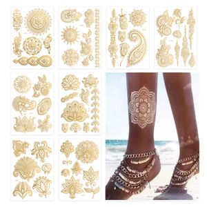 Tijdelijke tatoeages waterdichte tattoo sticker bloemen mandala henna rose goud metallic flash tatoo boho lotus sieraden glitter body art 230812