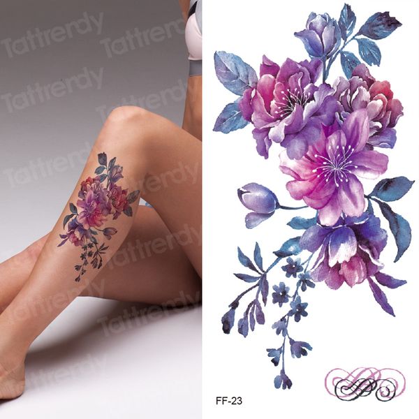 Tatuajes temporales tatuaje impermeable hojas de hojas de flores violetas brazo de pierna tatuaje de agua transferir arte falso mujeres niñas 230812