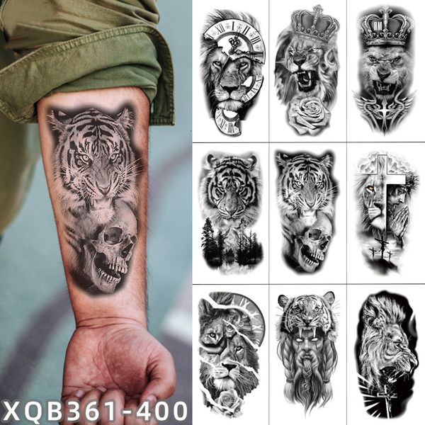 Tatuajes temporales Tatto impermeables Pegatina Flower Lion Tiger Wolf Corona Arte Arte de arte Falso Rey Animal para hombres 230812