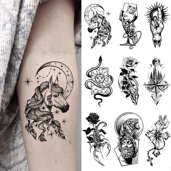 Tatouages ​​temporaires autocollants de tatouage imperméable priant le chapelet flash tatoo scorpion rose bras old school bratto faux pour art corporel w 230812