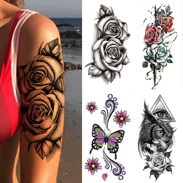 Tatouages temporaires Autocollant de tatouage temporaire imperméable 3D dentelle Rose fleur tatouages ligne Lotus Body Art bras faux manches Tatoo femmes hommes Z0403