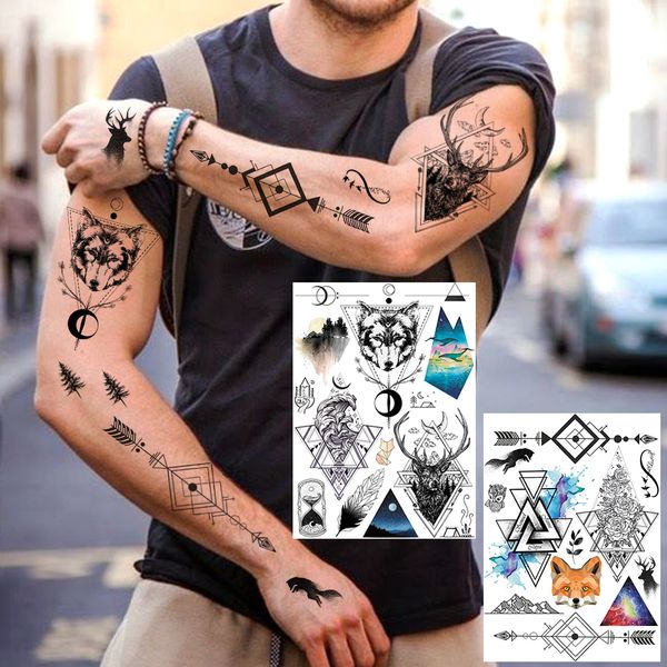 Tatuajes temporales Triángulo de lobo para niños Hombres falsos Flower Tattoo Body Arm Hisos Mountain Tatoo Feather Wave geométrico 230812