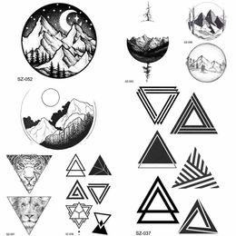 Tijdelijke tatoeages yuran diy nep geometrische driehoek tattoo dames hiphop tijdelijke tattoo ronde maan houten tatto stickers mannen body arm pijlen z0403