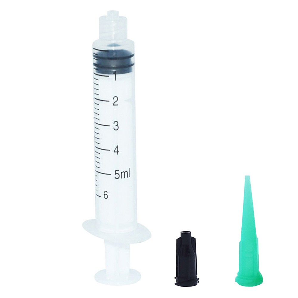 5ml Syringes with Luer Slip Tip 18G Tapered Green Dispensing Tips and Black Caps Pack of 10