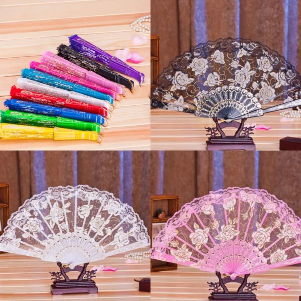 Dix Couleurs Dentelle Fleur Éventails De Main De Mariée Vintage Creux Bambou Poignée Accessoires De Mariage Brithday Cadeau Party Favors Bleu Royal Blanc En Plastique